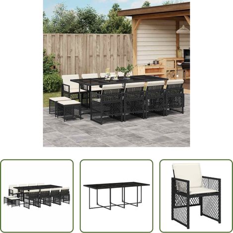 vidaXL Gartentisch -  13-tlg. Garten-Essgruppe mit Kissen Schwarz Poly Rattan (1/5)