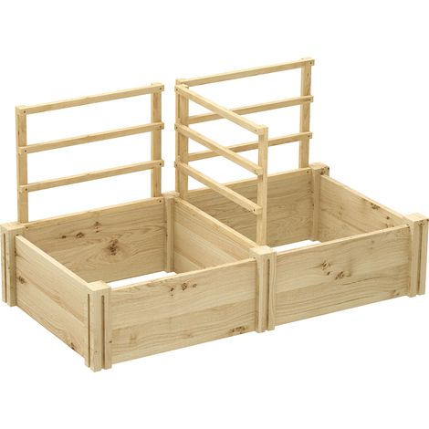 Hochbeet mit 3 Rankgittern und 2 unten offenen Pflanzkästen aus Fichtenholz, 119 x 62,5 x 64 cm, Holzfarbe