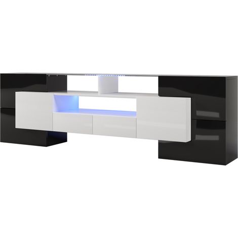 Mueble TV moderno 200 cm blanco y negro alto brillo con LED y almacenamiento (1/5)