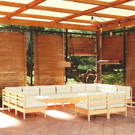 Salon de jardin 12 pcs,Mobilier de terrasse,Table et Chaise pour Relax avec coussins crème Bois de pin massif -YZ203191 (1/5)