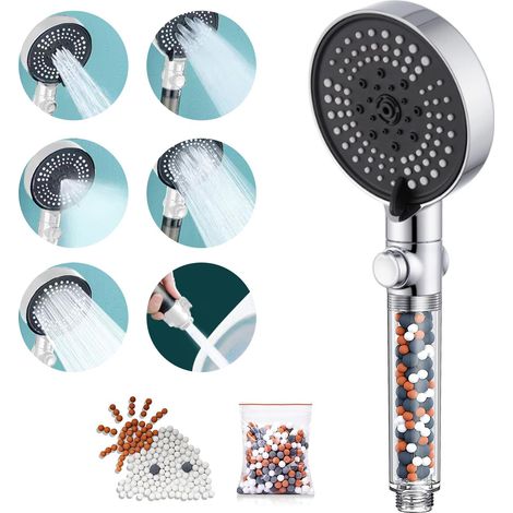 Pommeau Douche Anti Calcaire, Argent Pommeau de Douche Economie deau Pommeau de Douche Haute Pression with PP Filter Cotton Anti Calcaire Douche 2 Packs Boules MinéRales (1/5)