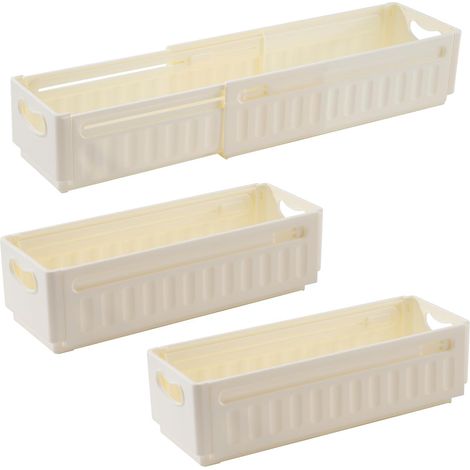 Lot de 3 Boîte De Rangement En Plastique 47×8×10cm Petit Panier De Rangement Cuisine Empilable Paniers Et Boîtes De Rangement Tiroir Pour Salon Chambre à Coucher Salle De Bain Beige