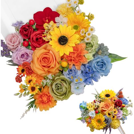 Fleurs Artificielles Fleurs Soie Tournesol Roses Fausse Fleur Decoration avec Tige pour Bouquet de Mariage, Arrangement Floral, Bébé Douche, Fête Maison Décoration (Arc-en-Ciel Coloré) (1/5)