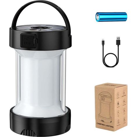 Lamp of camping portable LED rechargeable, waterproof IPX4, 4 modes, 6W 1800m Ah, suitable for lighting outdoor, the camping and use to home, includes a power USB, 1 unit (black) (1/5)
