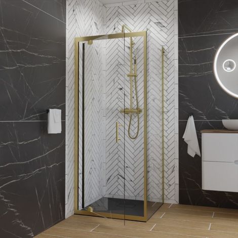 Cuisibane – Paroi de douche d'angle porte pivotante – Verre trempé sécurit 190 cm – Traitement anticalcaire – Aluminium or brossé 80 cm x 80 cm (1/3)