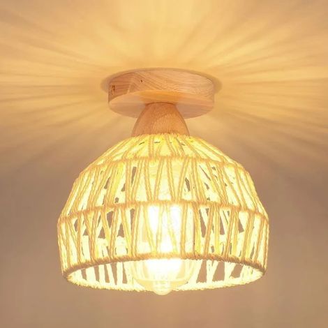 Plafonnier Industriel Lampe de Plafond Vintage en Cage Lustre Ajustable en Bois Rotin Blanc Style Rural pour Salon Chambre (1/5)
