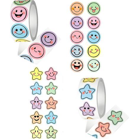 Paquete de 1000 pegatinas de recompensa, caritas sonrientes + estrellas, 25 mm, 10 colores cada una, material sintético impermeable, pegatina de carita sonriente, pegatina de emoji para que maestros y (1/5)