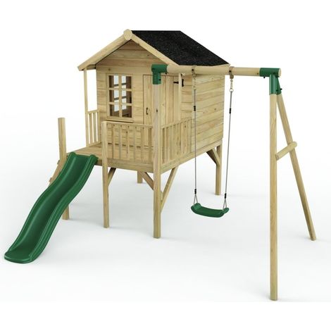 Rebo Playhouse and Single Swing Set with Slide - Solar Green