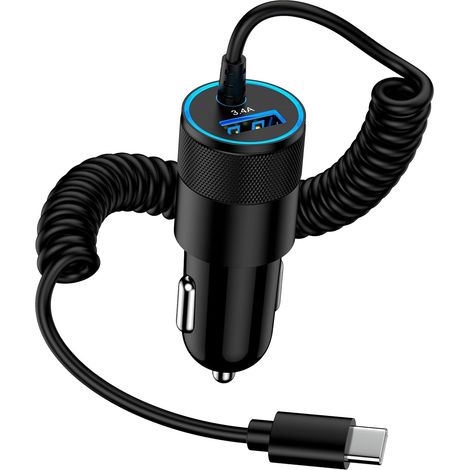 Adaptateur Allume Cigare USB, 3.4A Chargeur Voiture Charge Rapide avec Câble Spiralé USB C, Prise Allume Cigare 12V pour Samsung Galaxy S26 Ultra/S25 FE/S24/S23/S22/S21/A56/A16, iPhone 17 Pro/16e/15 (1/5)