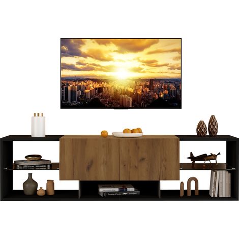 Meuble TV de 160 cm,avec LED RVB,2 tiroirs,Centre de Divertissement Moderne pour Le Salon,160 x 40 x 42 cm,Noir + Naturel (1/5)