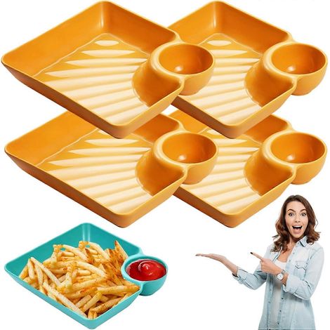 Ensemble 4 assiettes de service plastique avec compartiment à sauce pour chips, salsa, raviolis, sushis, soupes, sandwichs - Jaune (1/5)