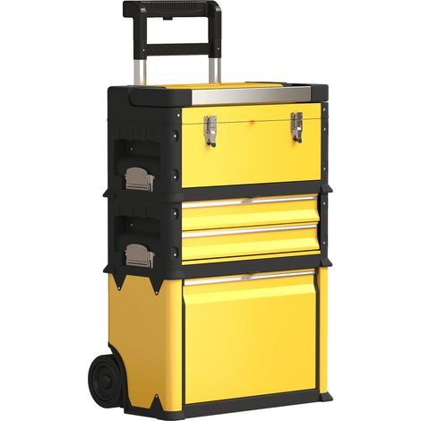 Lot de 3 coffres à outils empilables et modulables sur roulettes en acier jaune, avec plateau, poignées et verrou (1/5)