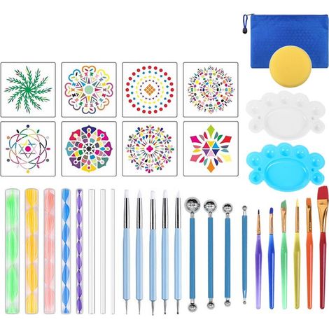 35 Kits de peinture, Outils pointillisme, Pochoirs mandala, Pinceaux palette, Art pierre céramique (1/5)