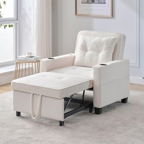 Divano letto singolo 3 in 1 bianco con portabicchieri e porta USB, poltrona reclinabile (1/5)