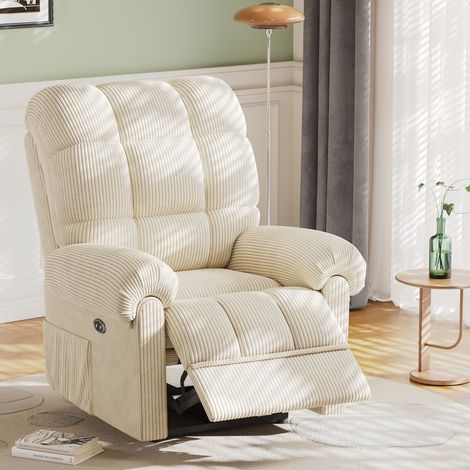 Poltrona Relax in Velluto a Coste, Poltrona Elettrica, Poltrona Tempo Libero Regolabile, Schienale Regolabile, Antistatica con Poggiapiedi, Beige