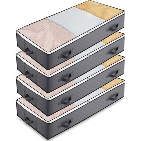 Set of 4 under-bed storage boxes with lids, 90L, under-bed storage bag, 4 handles, foldable storage bag for duvets, clothes, bedding, blankets, pillows (Grey) (1/5)