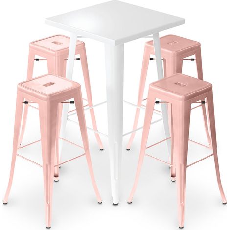 Packung Weißer Hockertisch und Packung mit 4 Barhockern - Industriedesign - Metall - Neuauflage - Bistrot Stylix Pastellorange
