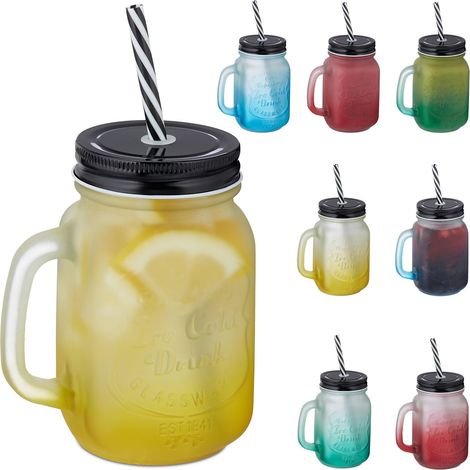 Jarre avec Paille et Couvercle, Lot de 8, 400 ML, Design givré, Verre avec Anse, gobelet, Multicolore - Noir (1/5)