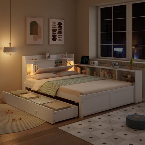 Lit double, lit panneau, tête de lit avec étagère + 2 lampes, avec prise électrique, armoires latérales et tiroirs, en pin + panneau de fibres + MDF, blanc, 140x200cm