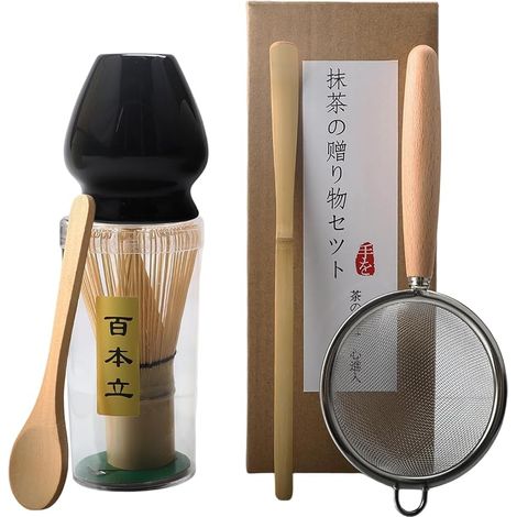 5-teiliges Matcha-Set aus Bambus mit Chasen-Ständer für die Teezeremonie, Schwarz Japanisches Matcha-Set mit Chasen-Besen, Sieb und 2 Bambuslöffeln, leicht zu reinigen für traditionellen Matcha-Tee (1/5)