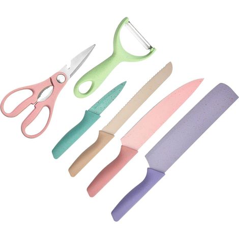 Set aus farbenfrohen Messern mit PP-Griffen, hochscharfen Küchenmessern, Schere und Sparschäler für den Hausgebrauch (1/5)