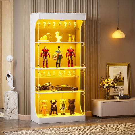 Vitrine verre 4 étages 80x35x165cm LED,portes vitrées et capteurs intelligents. Modèle blanc antipoussière pour salon,chambre et bureau.