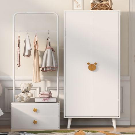 Kleiderschrank kinderschrank 140x55x170cm - Modularer schlafzimmerschrank aus holz mdf mit kleiderstange schubladen niedlichen sternengriffen und erhöhten füßen - Weiß natur (1/5)