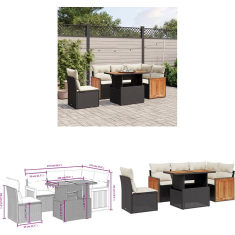 Salon de jardin 6 pcs avec coussins noir résine tressée - Ensemble Salon De Jardin - Mobilier De Jardin - Table Basse Extensible - Chaise Lounge - Fauteuil Extérieur - Home & Living (1/3)