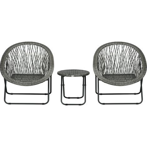 Set plegable de balcón 3 piezas en poliratán gris con mesa redonda y 2 sillas de acero (1/5)