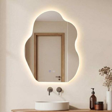 Miroir mural irrégulier 70 x 50 cm en verre trempé avec LED réglable, mémoire et anti-buée pour salle de bain, dressing et salon (1/5)