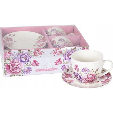 SET LIVELLO DI 2 TAZZE IN PORCELLANA CON PIATTINI 250 ML / 14 CM CON MOTIVO FIORI