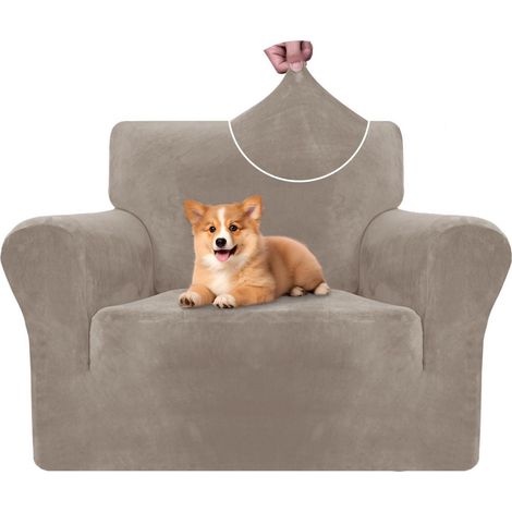 Samt Sofa Überzug 1 Sitzer, elastisch, rutschfest, Khaki (1/5)