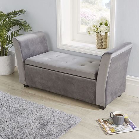 Verona Grey Velvet Fabric Ottoman Window Storage Seat Bedding Blanket Box Hinged