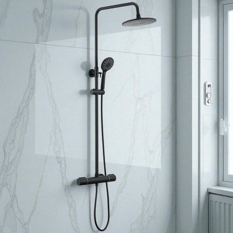 Auralum Max Duscharmatur Komplettset: Regendusche mit Thermostatarmatur, Höhenverstellbare Edelstahl-Duschstange, 23cm Overhead-Regendusche und Handbrause mit 3 Strahlarten & Edelstahlschlauch (1/5)