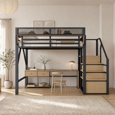 Hochbett 140x200 cm schwarz aus Metall mit Sicherheitsleiter und Ablagefach (1/5)