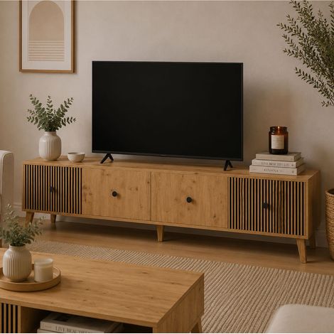 Mueble para TV Lileza, 2 estantes, 2 puertas, puertas efecto rayado, 180x42x45h cm marrón roble nodos (1/3)