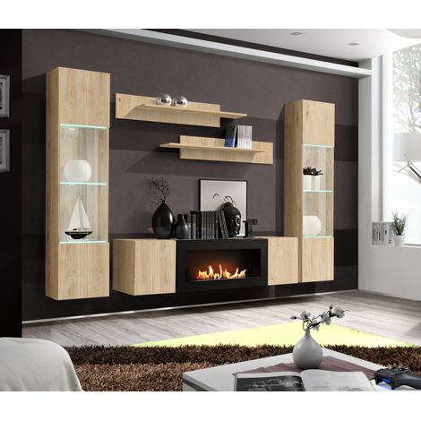 Ensemble meuble TV mural Fly M3 avec cheminée bioéthanol et vitrine LED - Bois MDF chêne Hickory Jackson - 260 x 170 x 40 cm - Livraison gratuite (1/3)