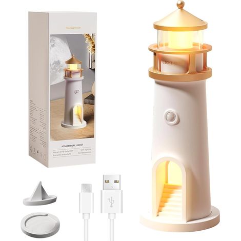Lighthouse Lamp, Rechargeable LED Lighthouse Decoration, Moon Projection Lighthouse Lamps with Wireless Motion Sensor, Moon Lamp Lighthouse Night Light Children's Home Decoration, for Birthday Gifts (1/5)