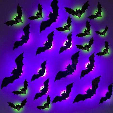 Set di 24 decorazioni di Halloween, luci LED 3D a forma di pipistrello, viola e verdi (1/5)