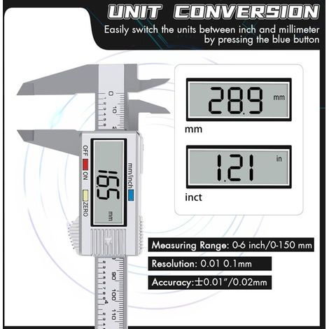 Pied à coulisse numérique 0–6 pouces – Grand écran LCD, conversion pouces/mm, outil de mesure de précision