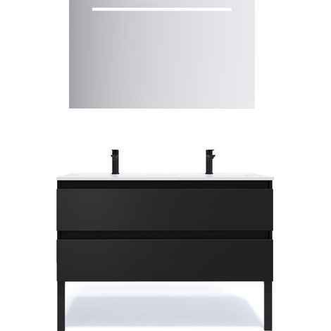 Meuble de salle de bain suspendu double vasque intégrée 120cm 2 tiroirs Noir + miroir - Hudson (1/5)