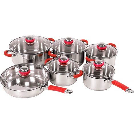 Batterie de cuisine 6 pièces avec couvercles en verre, casseroles et poêles en acier inoxydable pour tous types de feux, rouge. Idéale pour la cuisine quotidienne. (1/5)