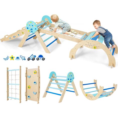 COSTWAY 8 in 1 Set da Arrampicata per Bambini, Giocattoli da Arrampicata in Legno con Triangolo Arco Rampa e Corda, Giochi Montessori per Bambini 1 Anni + (Astronauta 4 pezzi, Blu) (1/5)