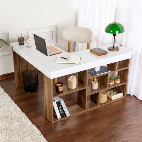 Scrivania Altin, Angolare, 6 Ripiani, 8 Vani, 130x120x72h cm Bianco (1/5)