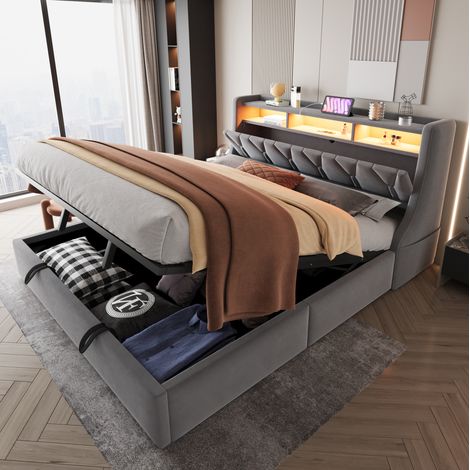 Polsterbett 180x200 cm mit Stauraum, LED, USB- und Type-C-Anschlüssen, Grau (1/5)