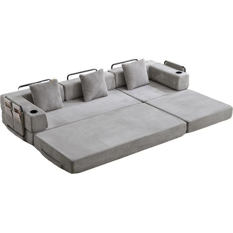 Klappbares Bodenschlafsofa aus Chenille in Hellgrau mit Kissen und Getränkehaltern (1/5)