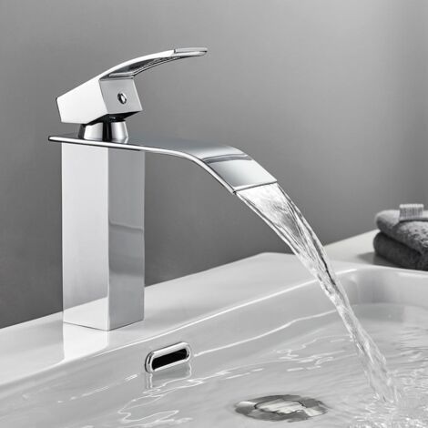 Robinet Salle de Bain Robinet Mono-trou Mitigeur Lavabo Cascade Robinetterie Lave-mains avec Levier Unique Mélangeur à l'Eau Chaude et Froide (1/2)