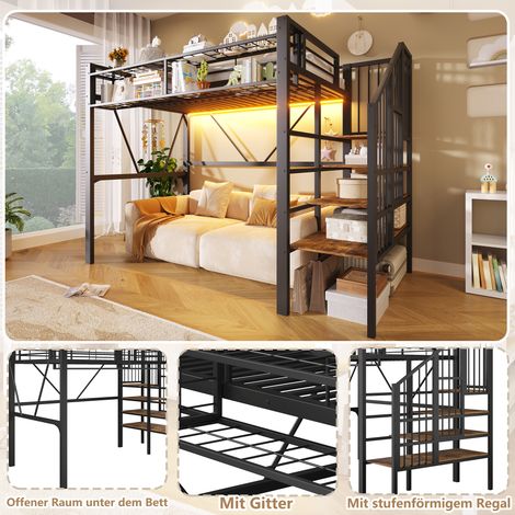 Lit mezzanine 90x200 cm, cadre en métal noir, échelle avec étagères, panneaux à barreaux, panier de rangement, espace de stockage ouvert sous le lit, bandeau LED intégré, sans matelas. (1/5)