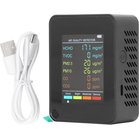Air quality tester, USB charging. Wide range of uses in rooms. CO2 monitor for office use. (Black)