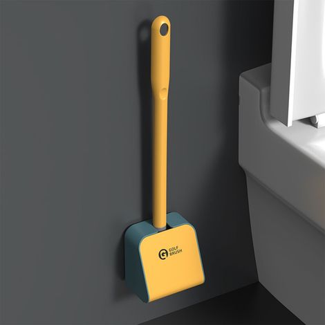 Brosse De Toilette - Manche Long 40 Cm - Design Triangulaire 360° - Support Étanche Avec Couvercle Automatique - Jaune - 1 Pièce (1/5)